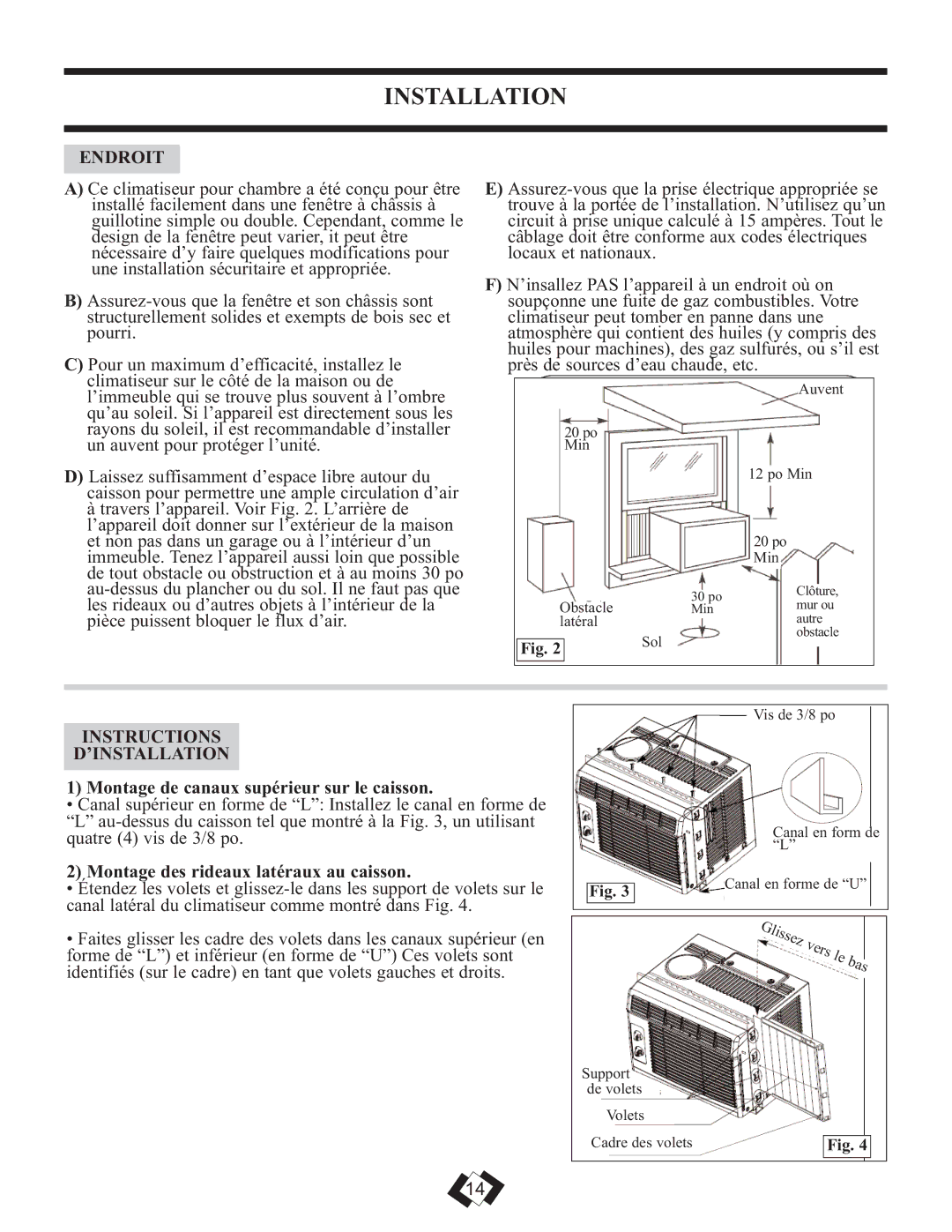 Danby DAC6010E warranty Endroit, Instructions ’INSTALLATION, Montage de canaux supérieur sur le caisson 