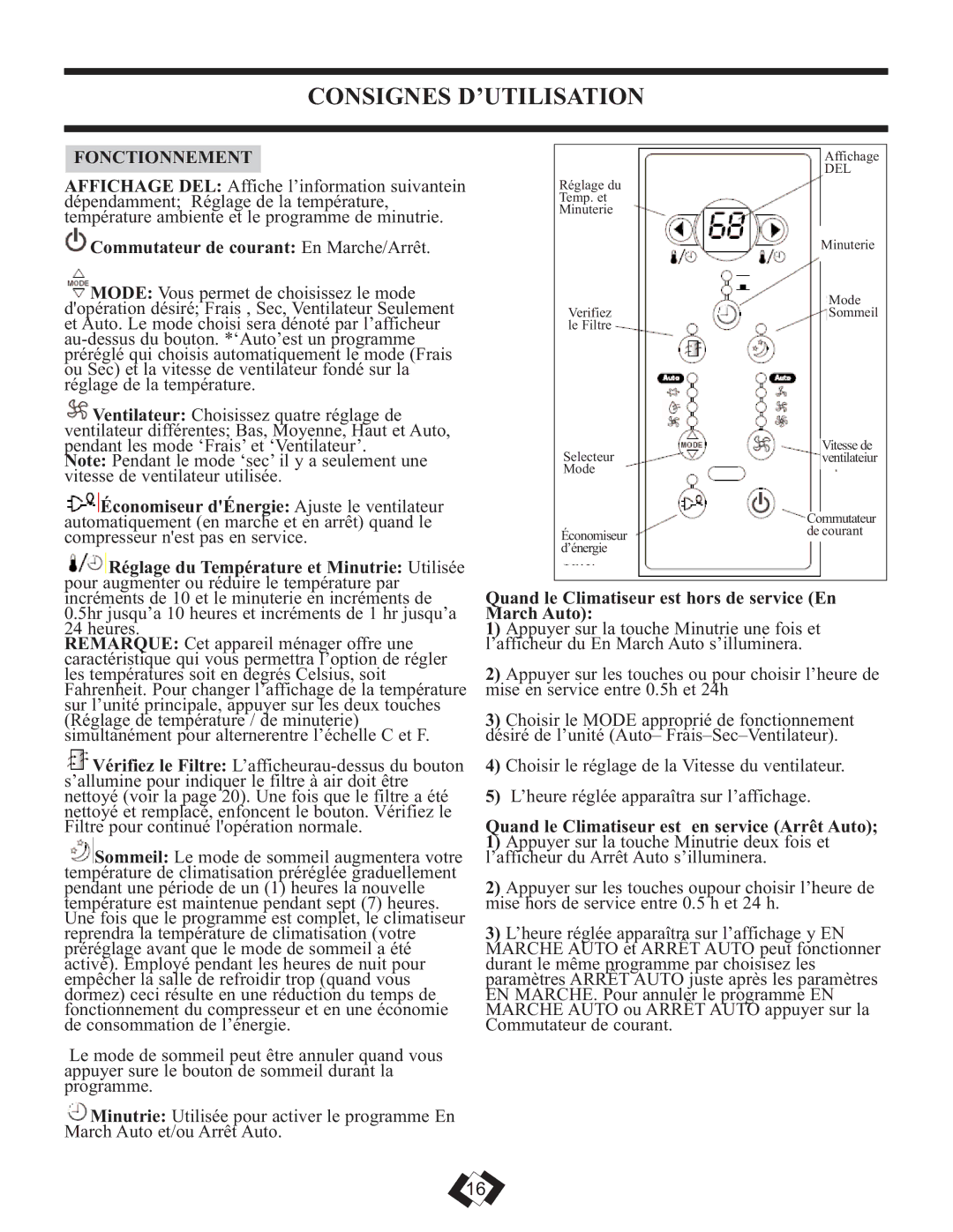 Danby DAC6010E warranty Consignes D’UTILISATION, Fonctionnement, Commutateur de courant En Marche/Arrêt 