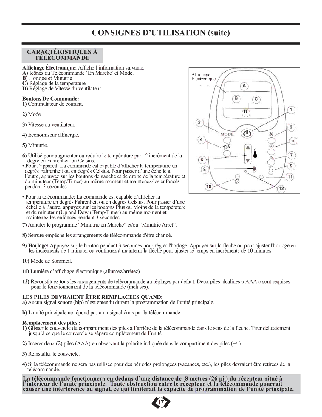 Danby DAC6010E warranty Consignes D’UTILISATION suite, Caractéristiques À Télécommande 