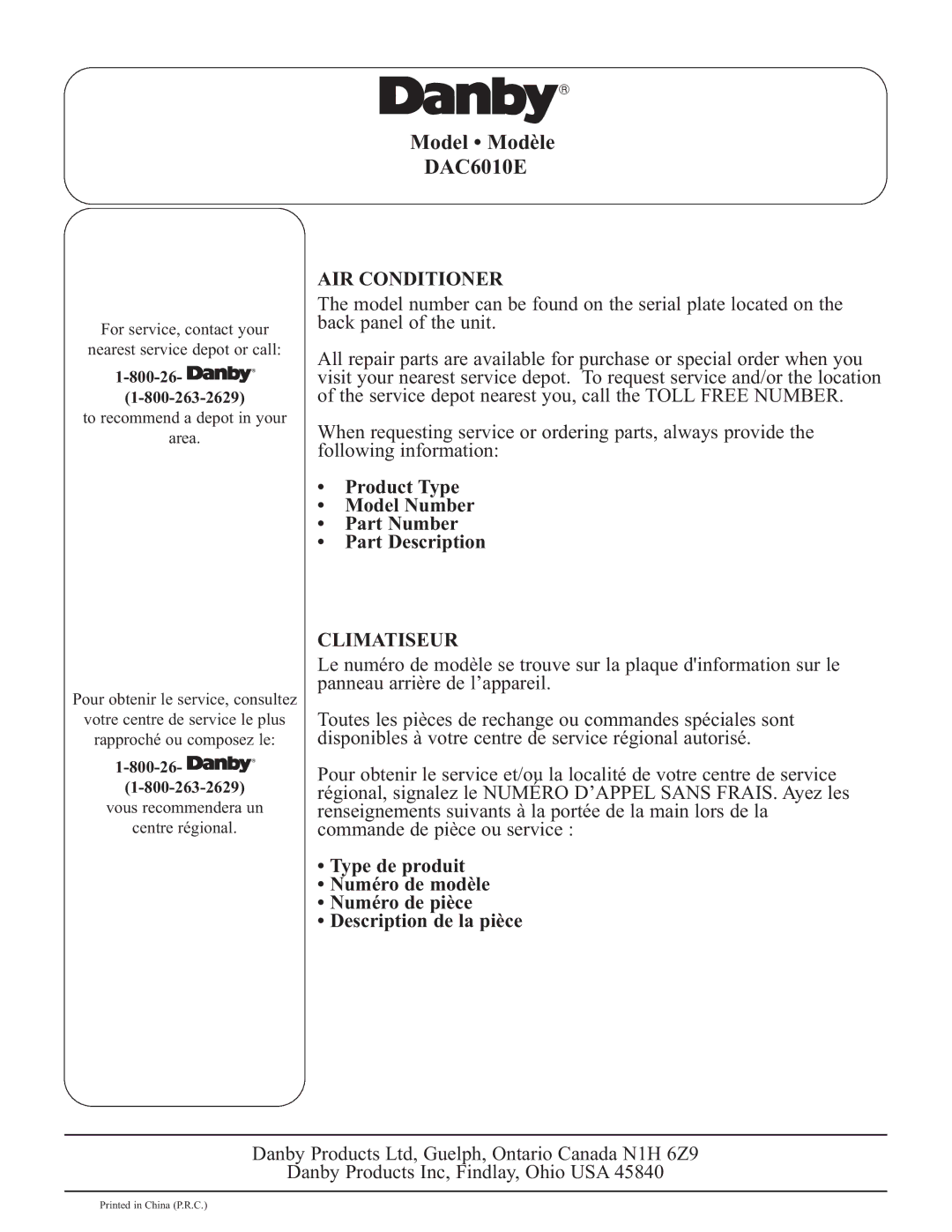 Danby DAC6010E warranty AIR Conditioner, Climatiseur 