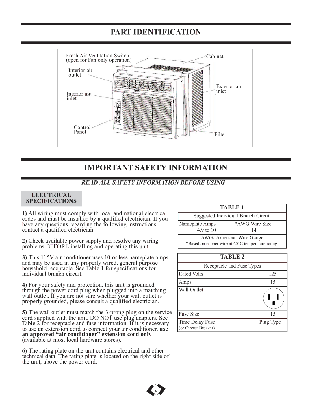 Danby DAC6010E warranty Part Identification, Important Safety Information, Electrical Specifications 