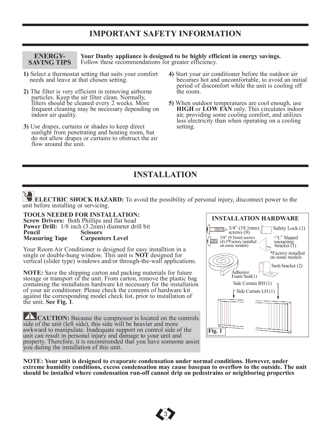 Danby DAC6010E warranty Energy, Saving Tips, Tools Needed for Installation, Installation Hardware 