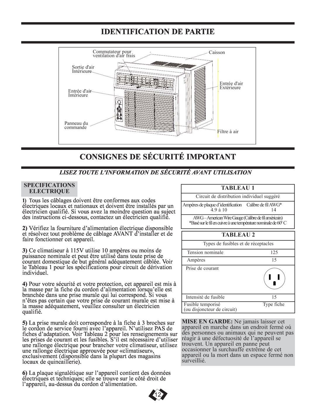Danby DAC6010E warranty Identification De Partie, Consignes De Sécurité Important, Specifications Electrique, Tableau 