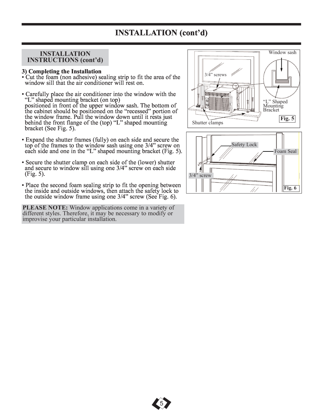 Danby DAC6010E warranty INSTALLATION cont’d, INSTALLATION INSTRUCTIONS cont’d, Completing the Installation 