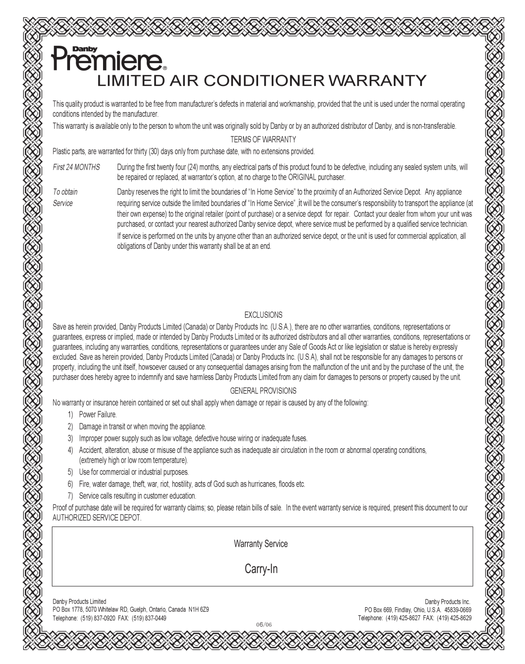 Danby DAC6078EE manual Limited Air Conditioner Warranty, First 24 MONTHS, To obtain, Service 