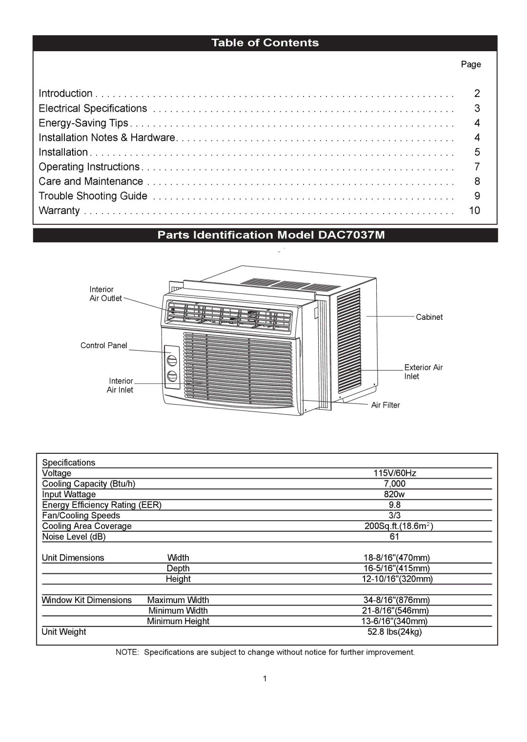 Danby manuel dutilisation Table of Contents, Parts Identification Model DAC7037M 