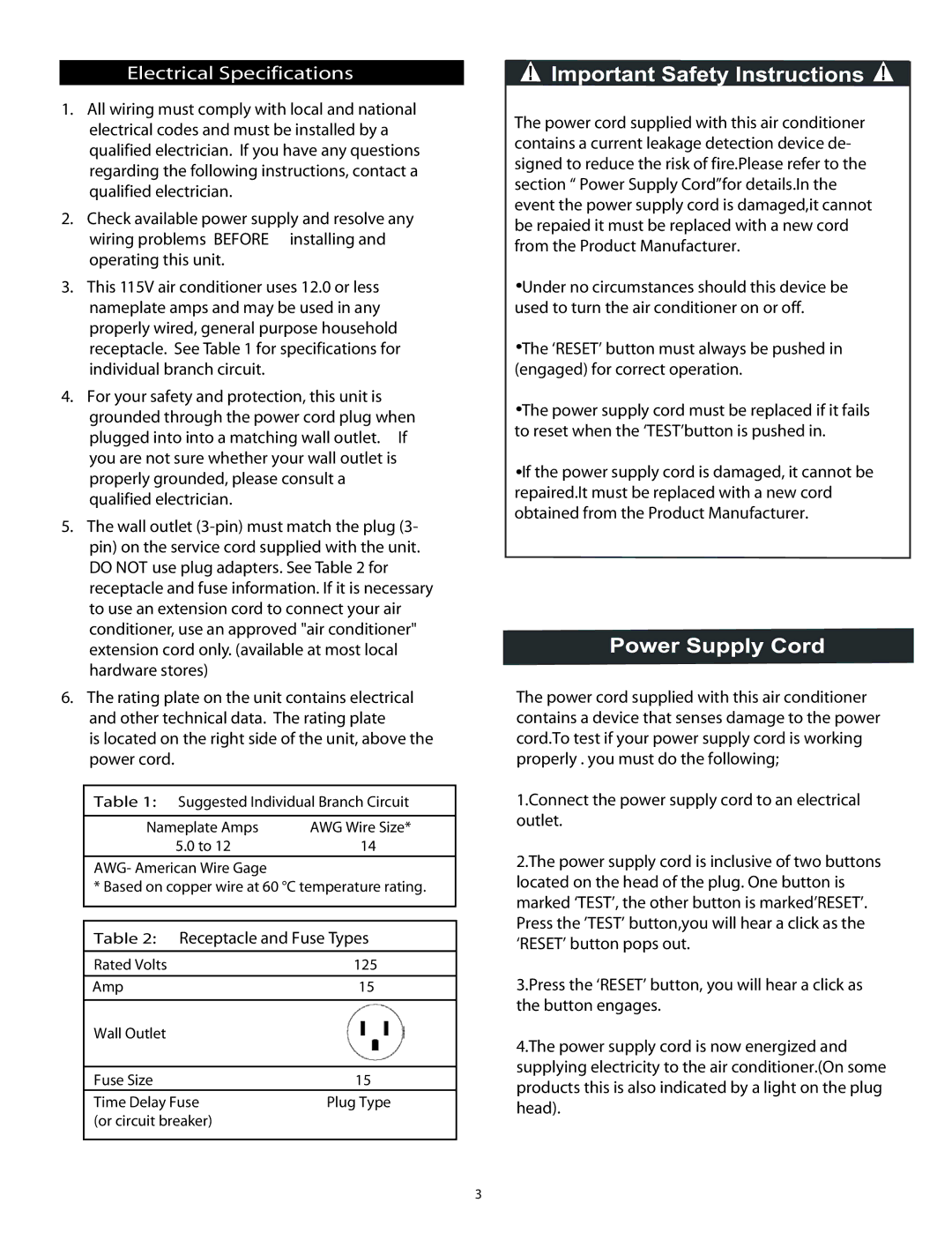 Danby DAC7037M manuel dutilisation Electrical Specifications 