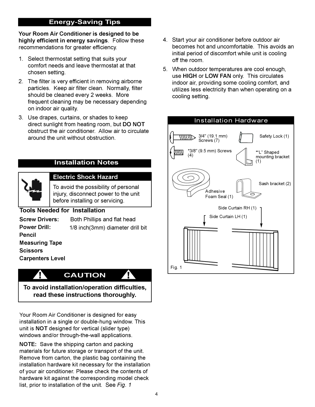 Danby DAC7037M Energy-Saving Tips, Installation Notes Electric Shock Hazard, Tools Needed for Installation 