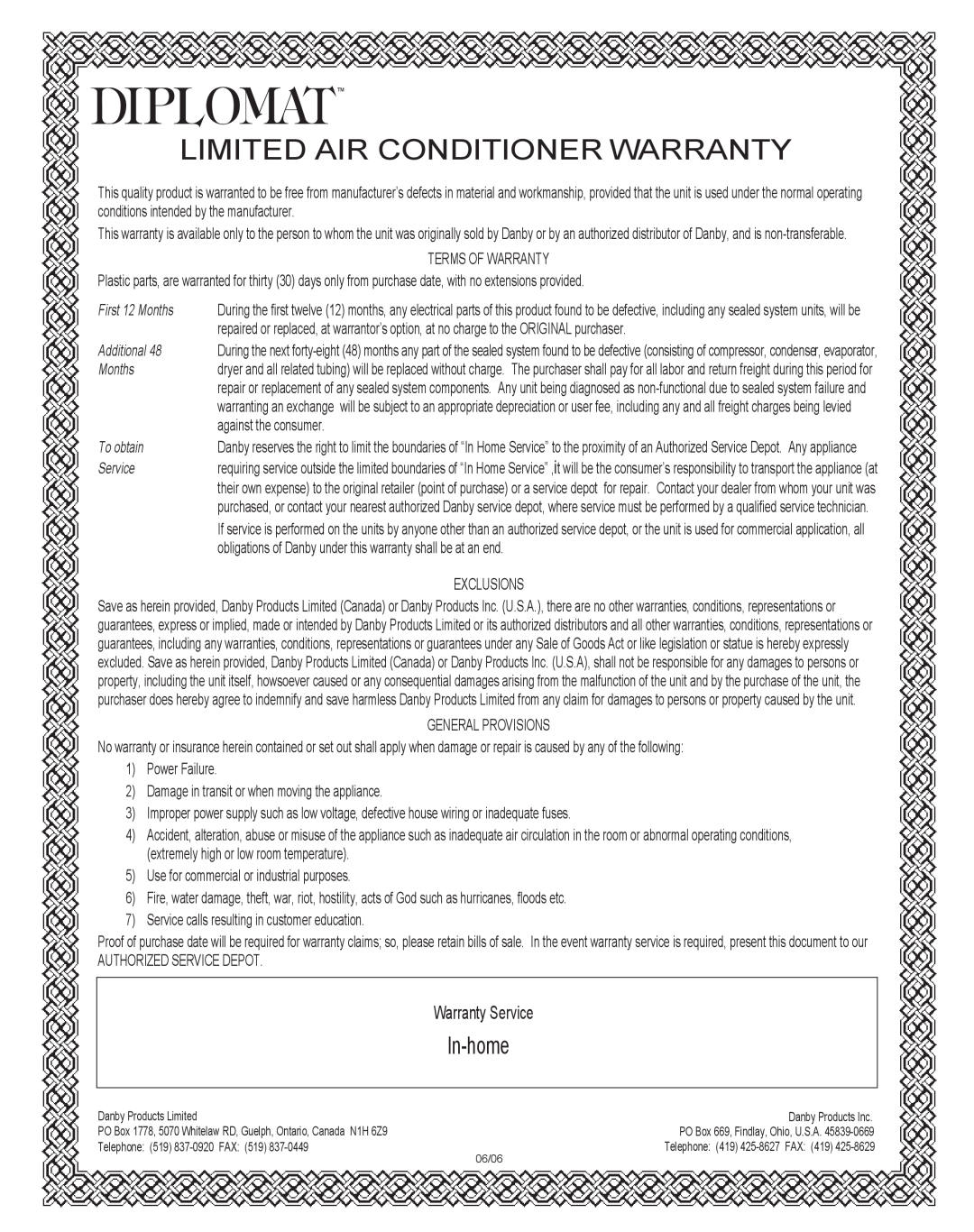 Danby DAC7037M Limited Air Conditioner Warranty, In-home, First 12 Months, Additional, To obtain, Service 