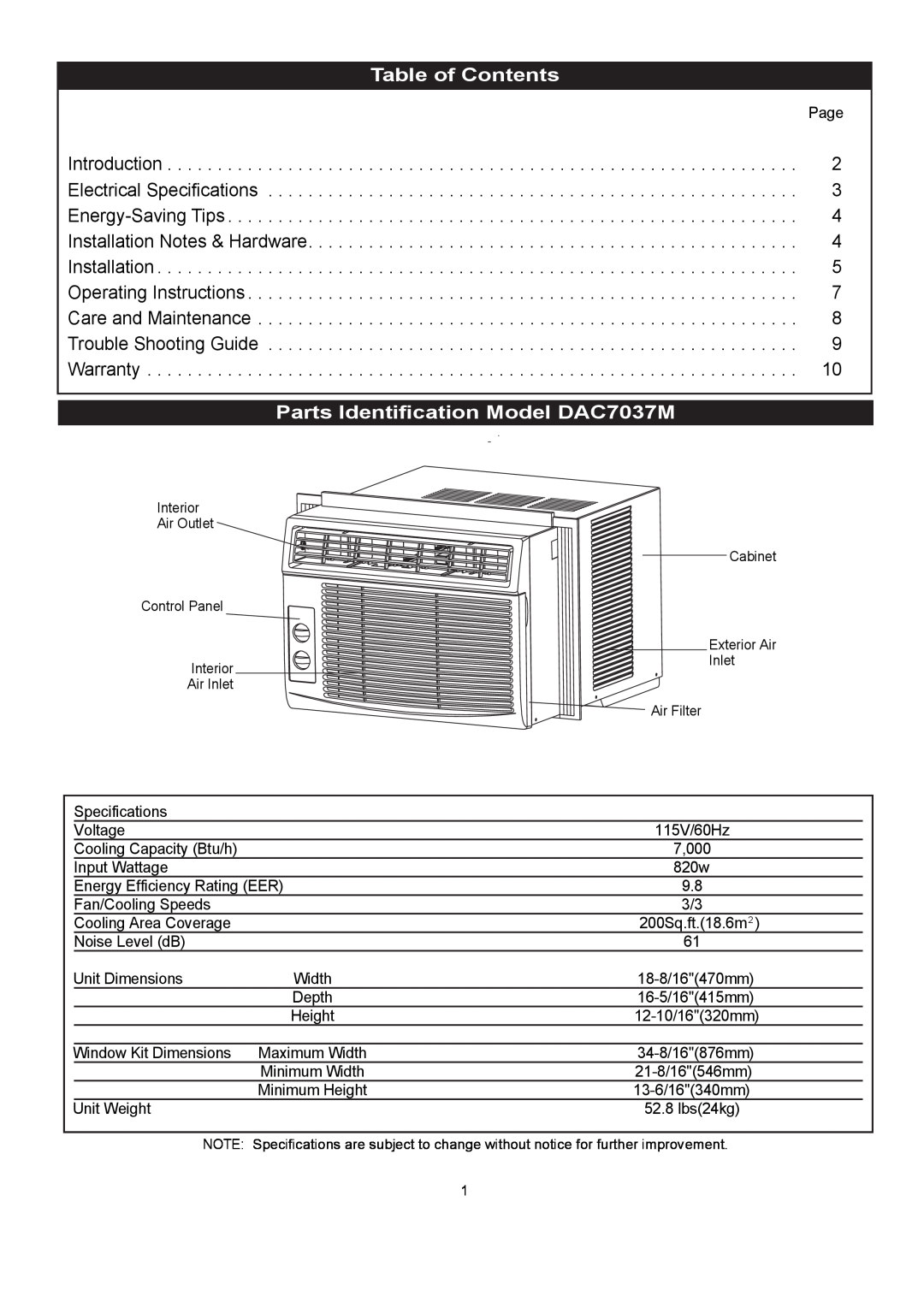Danby manuel dutilisation Table of Contents, Parts Identification Model DAC7037M 