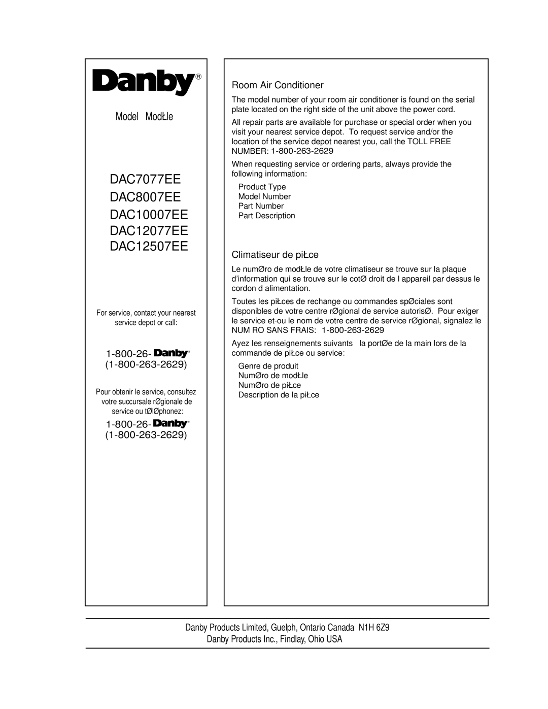 Danby DAC7077EE, DAC8007EE, DAC12507EE, dac12077ee, dac10007ee 800-26, Room Air Conditioner, Climatiseur de pièce 