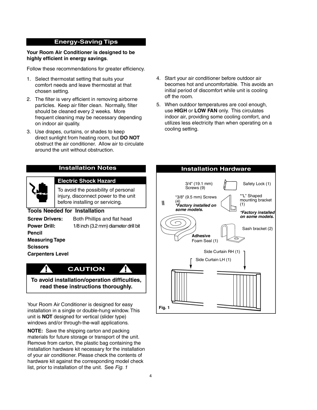 Danby DAC8007EE, DAC12507EE Energy-Saving Tips, Installation Notes Electric Shock Hazard, Tools Needed for Installation 