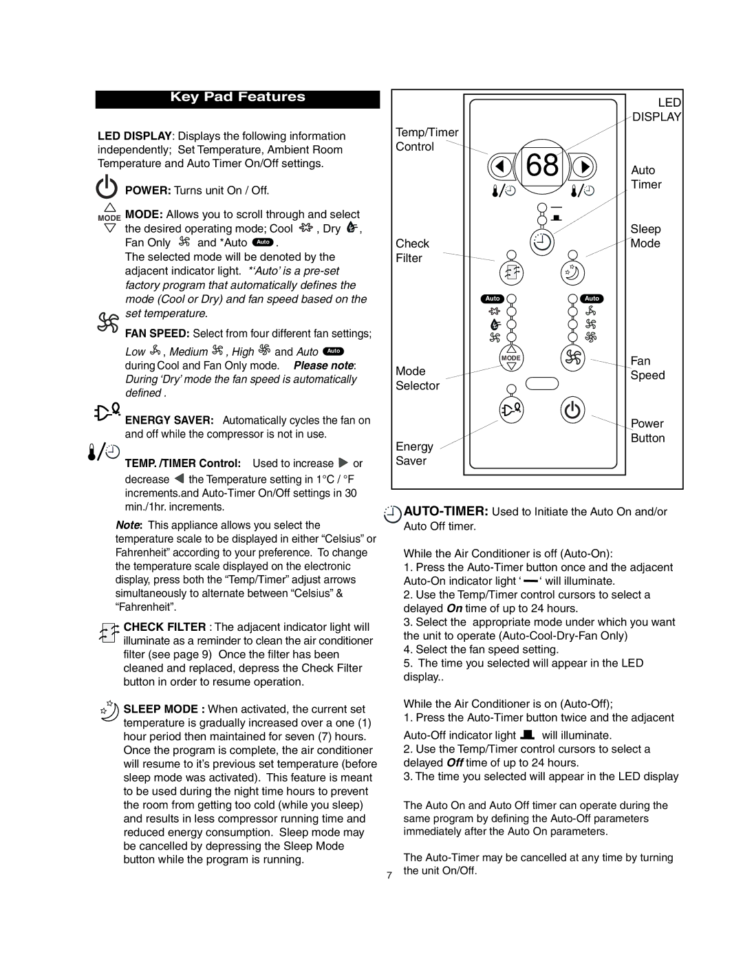 Danby DAC7077EE, DAC8007EE, DAC12507EE, dac12077ee, dac10007ee Key Pad Features, TEMP. /TIMER Control Used to increase or 