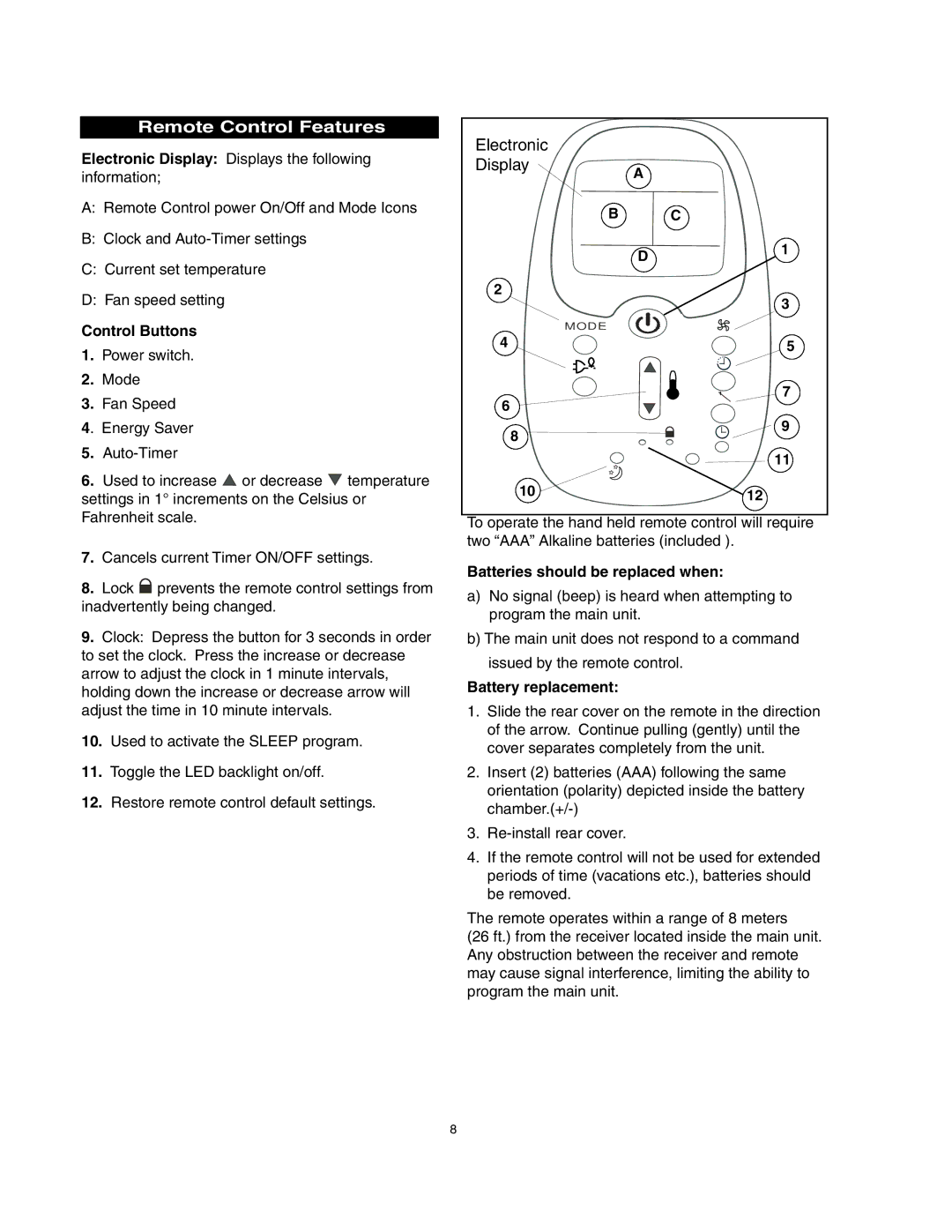 Danby dac10007ee, DAC8007EE, DAC12507EE, dac12077ee, DAC7077EE manuel dutilisation Remote Control Features 