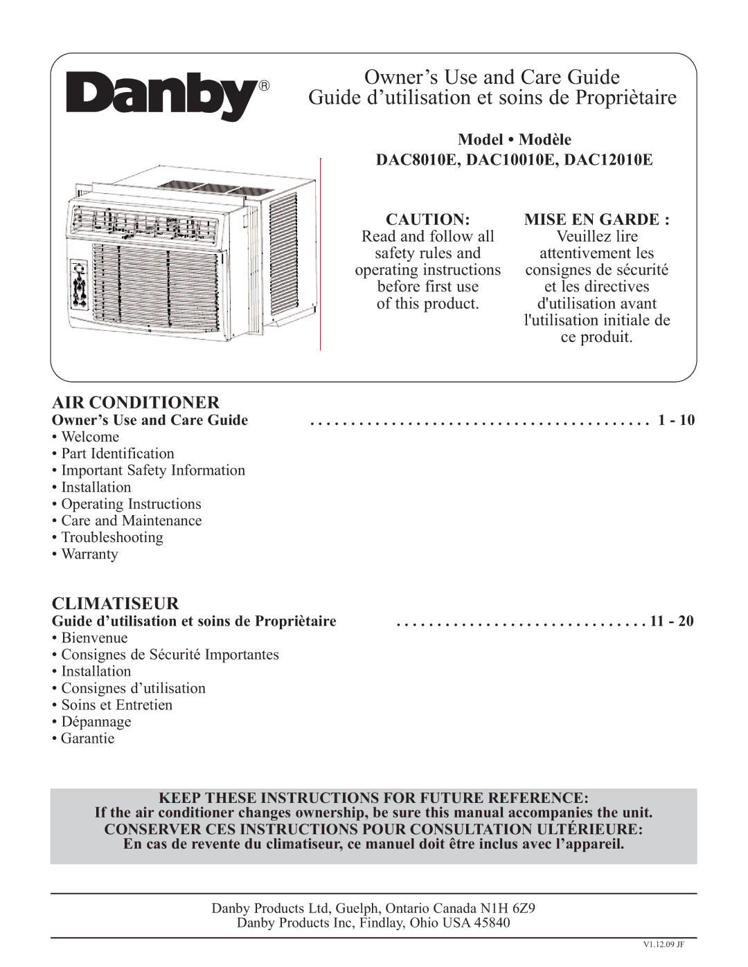 Danby DAC10010E, DAC8010E, DAC12010E warranty Mise EN Garde, Keep These Instructions for Future Reference 