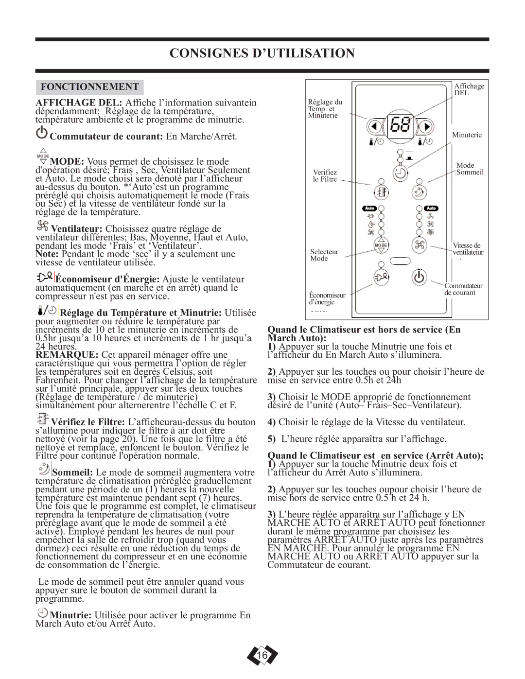 Danby DAC10010E, DAC8010E, DAC12010E warranty Consignes D’UTILISATION, Fonctionnement, Commutateur de courant En Marche/Arrêt 