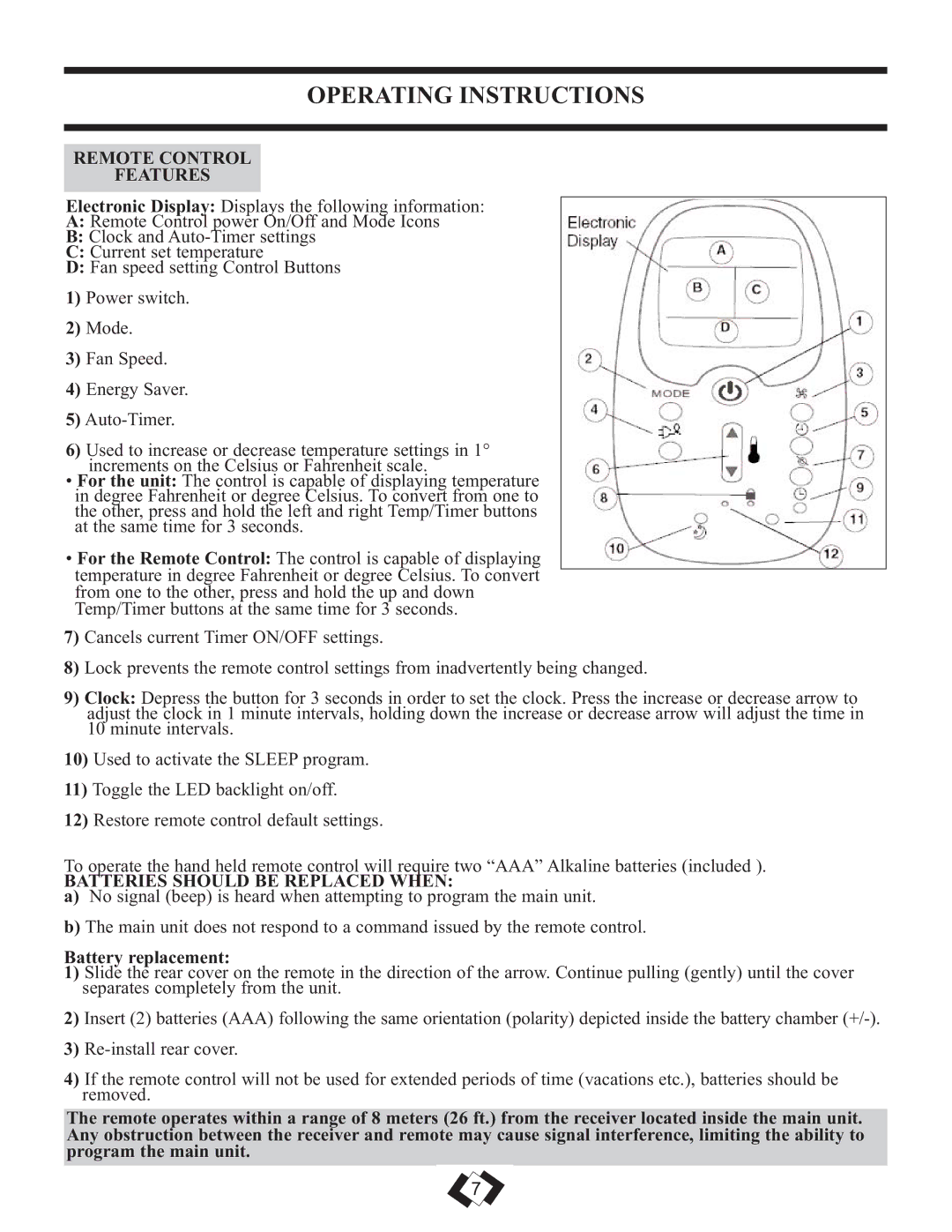 Danby DAC12010E, DAC8010E, DAC10010E warranty Remote Control Features, Batteries should be Replaced When, Battery replacement 