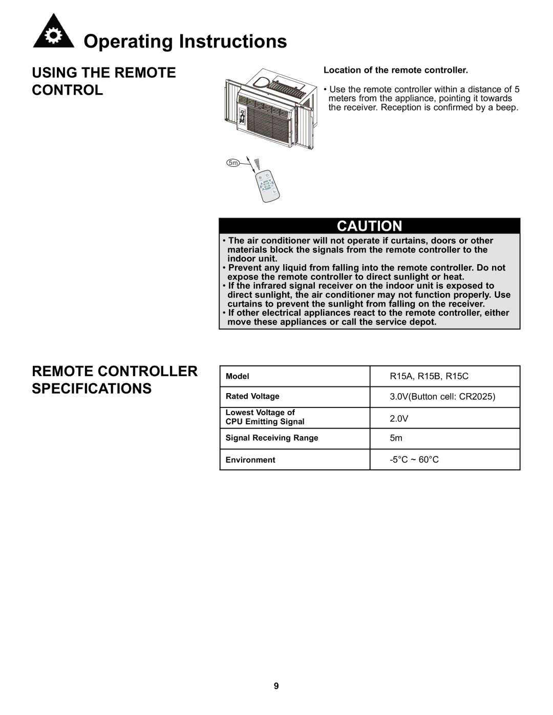 Danby DAC8010E, DAC8011E manual Using the Remote Control, Remote Controller Specifications 