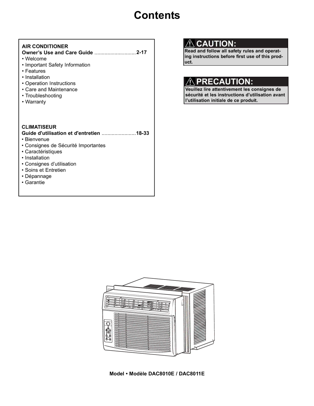 Danby DAC8010E, DAC8011E manual Contents 