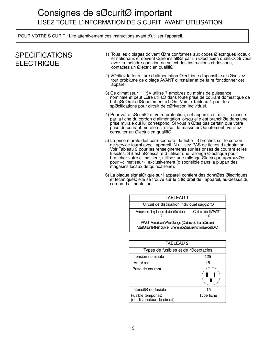 Danby DAC8010E, DAC8011E manual Consignes de sécurité important, Specifications Electrique, Tableau 