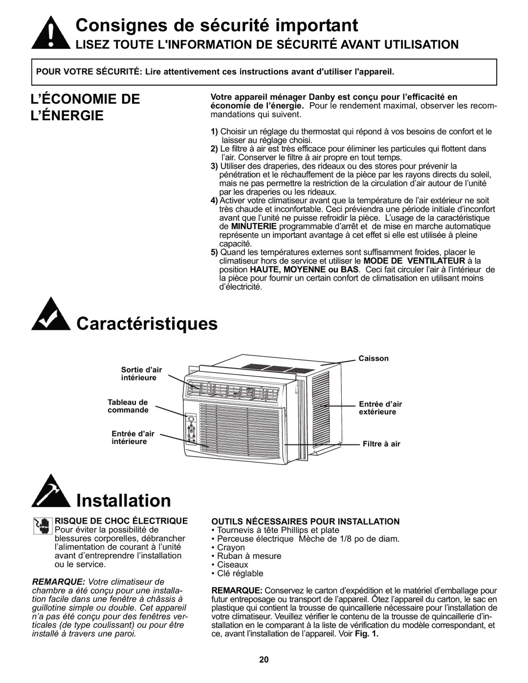 Danby DAC8011E, DAC8010E manual Caractéristiques, ’Économie De L’Énergie, Outils Nécessaires Pour Installation 