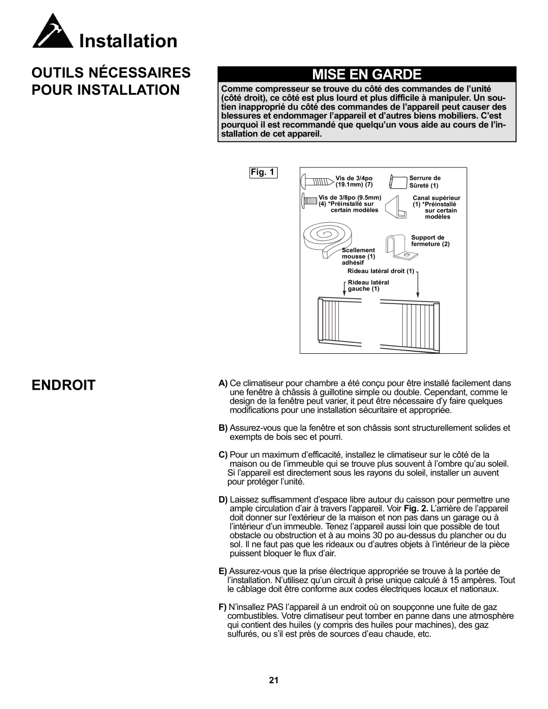 Danby DAC8010E, DAC8011E manual Outils Nécessaires Pour Installation, Endroit 