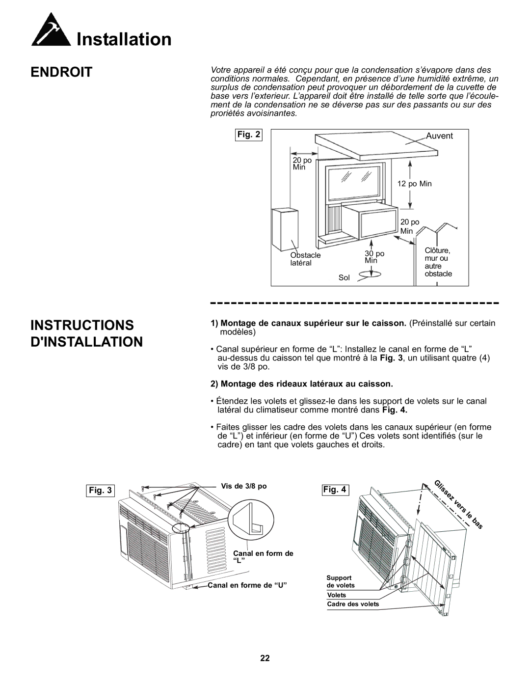 Danby DAC8011E, DAC8010E manual Instructions Dinstallation, Montage des rideaux latéraux au caisson 