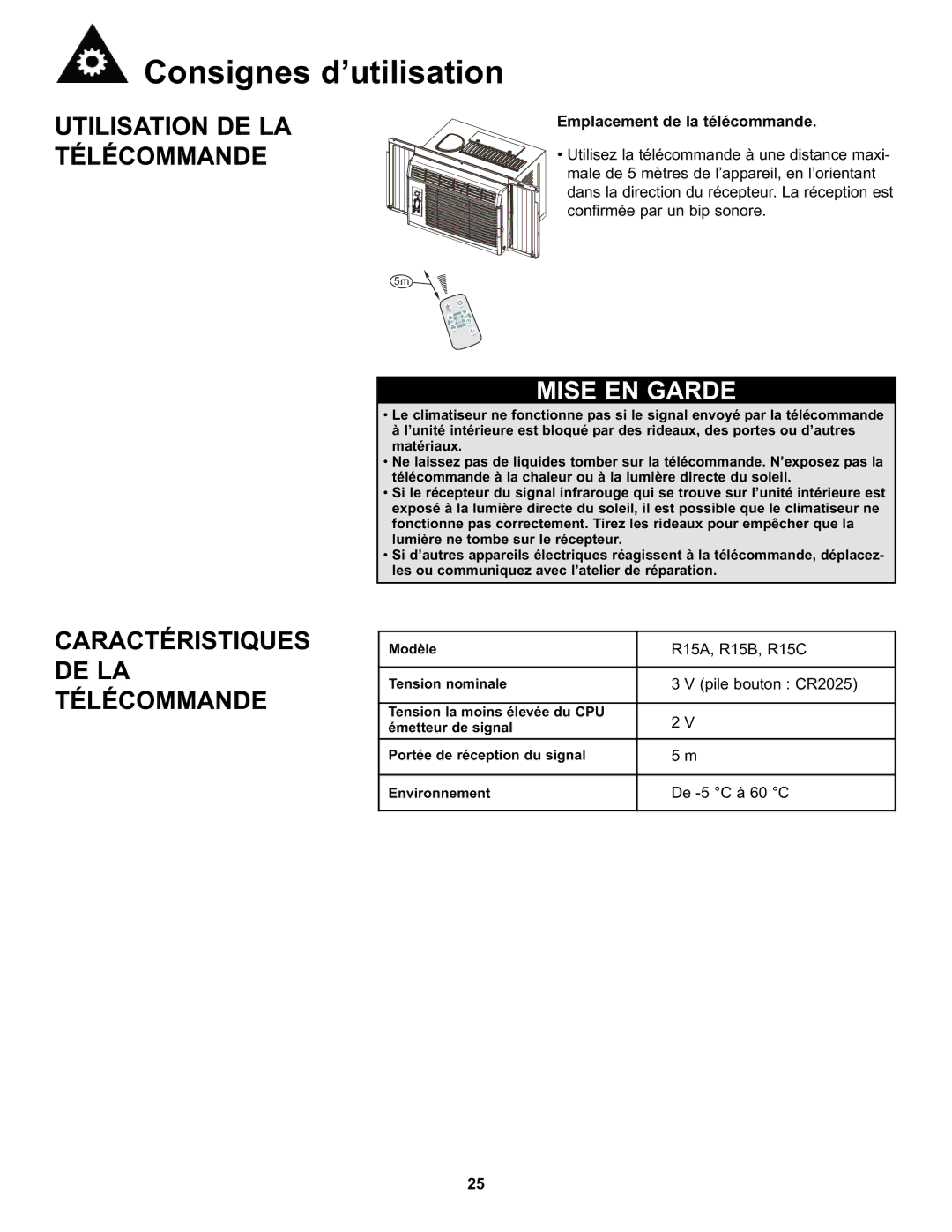 Danby DAC8010E manual Utilisation DE LA Télécommande, Caractéristiques DE LA Télécommande, Emplacement de la télécommande 