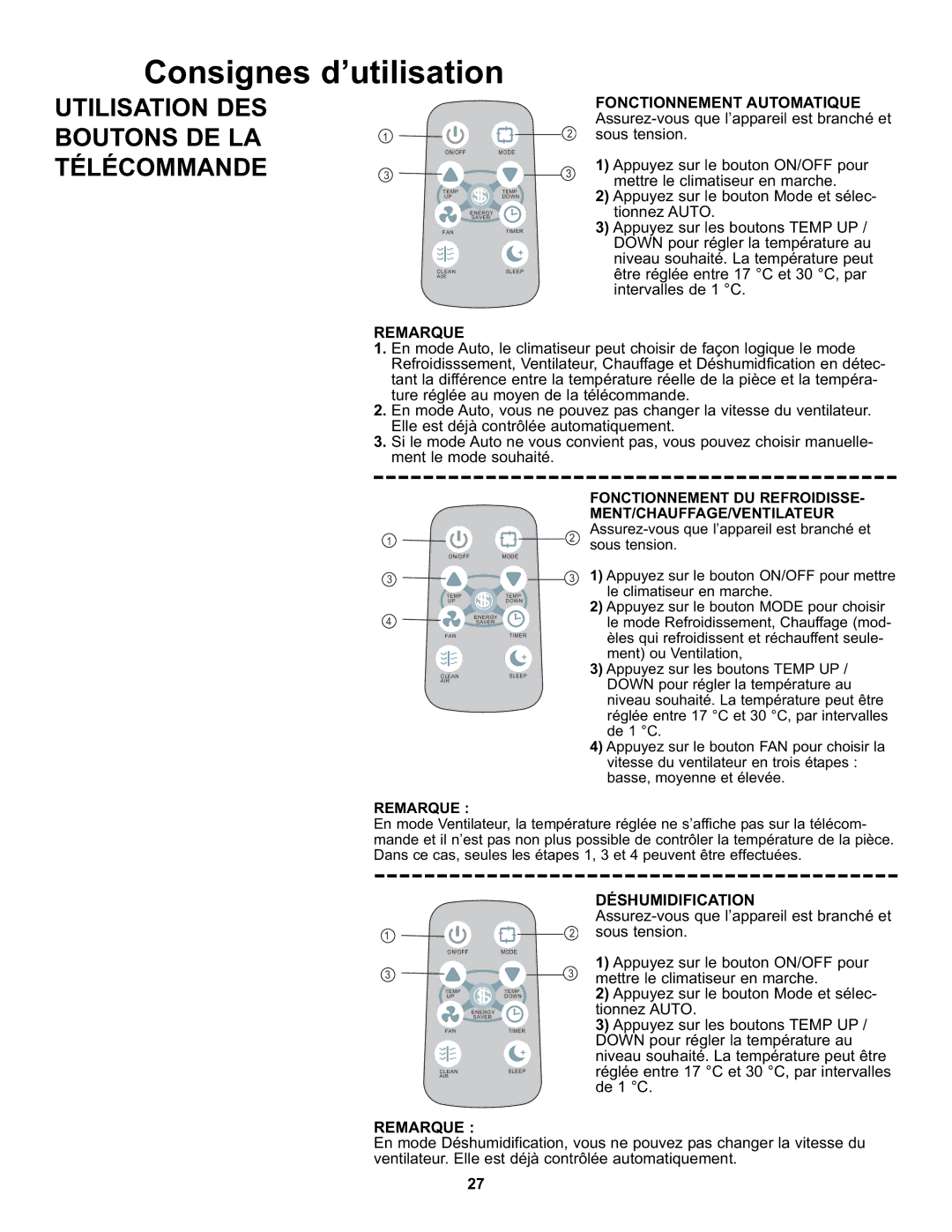 Danby DAC8010E, DAC8011E manual Remarque, Déshumidification 