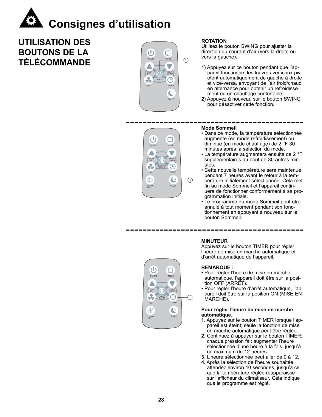 Danby DAC8011E, DAC8010E manual Utilisation DES Boutons DE LA, Rotation, Mode Sommeil, Minuteur 