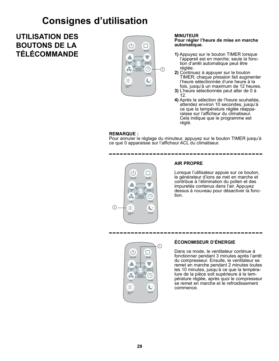 Danby DAC8010E, DAC8011E manual Utilisation DES Boutons DE LA Télécommande, AIR Propre, Économiseur D’ÉNERGIE 