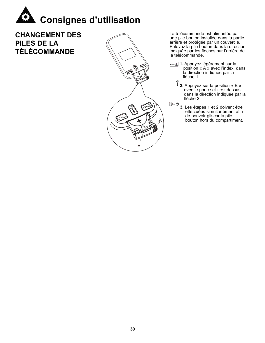 Danby DAC8011E, DAC8010E manual Changement DES Piles DE LA Télécommande 