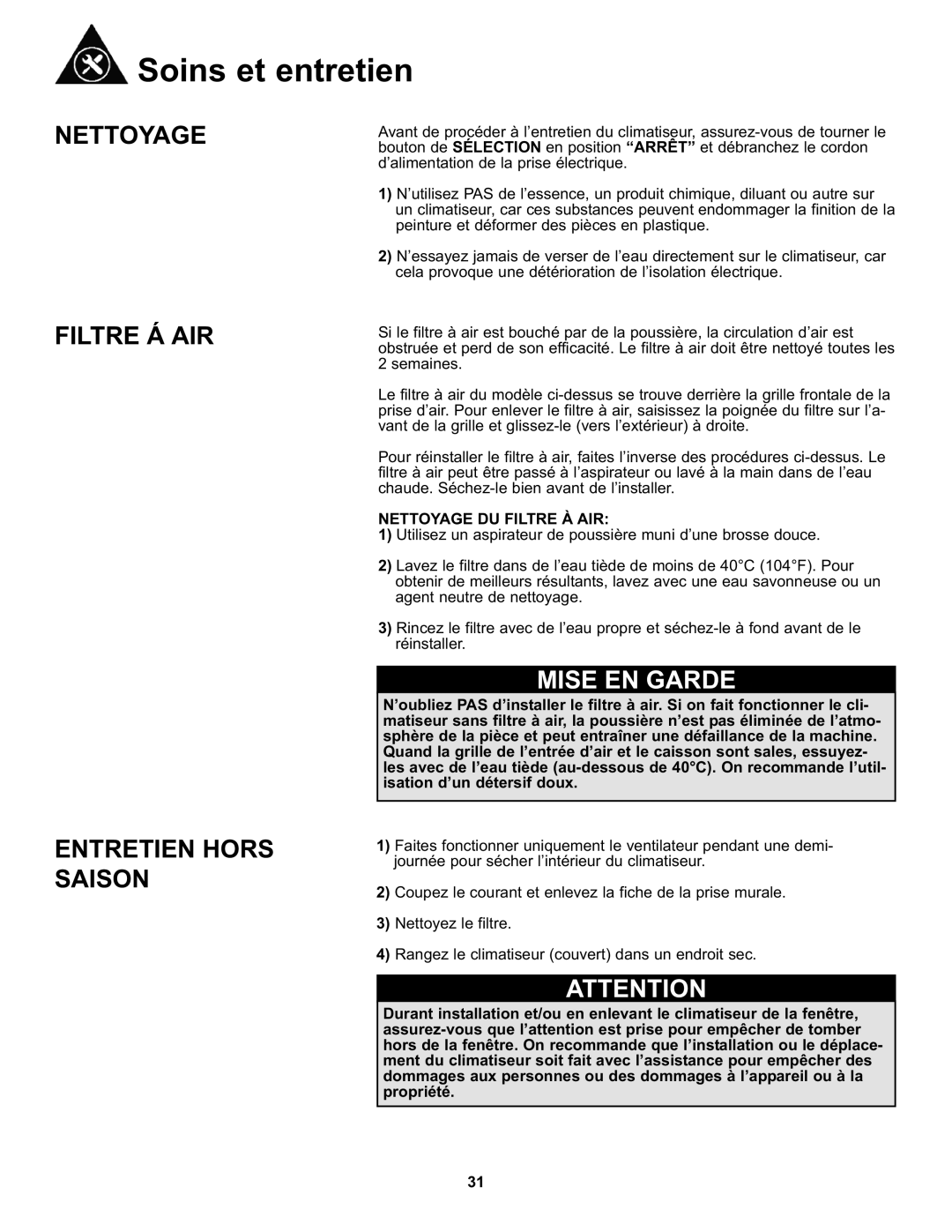 Danby DAC8010E, DAC8011E manual Soins et entretien, Nettoyage Filtre Á AIR, Entretien Hors Saison, Nettoyage DU Filtre À AIR 