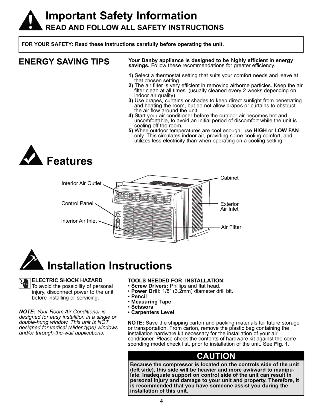 Danby DAC8011E, DAC8010E manual Features, Installation Instructions, Energy Saving Tips, Electric Shock Hazard 