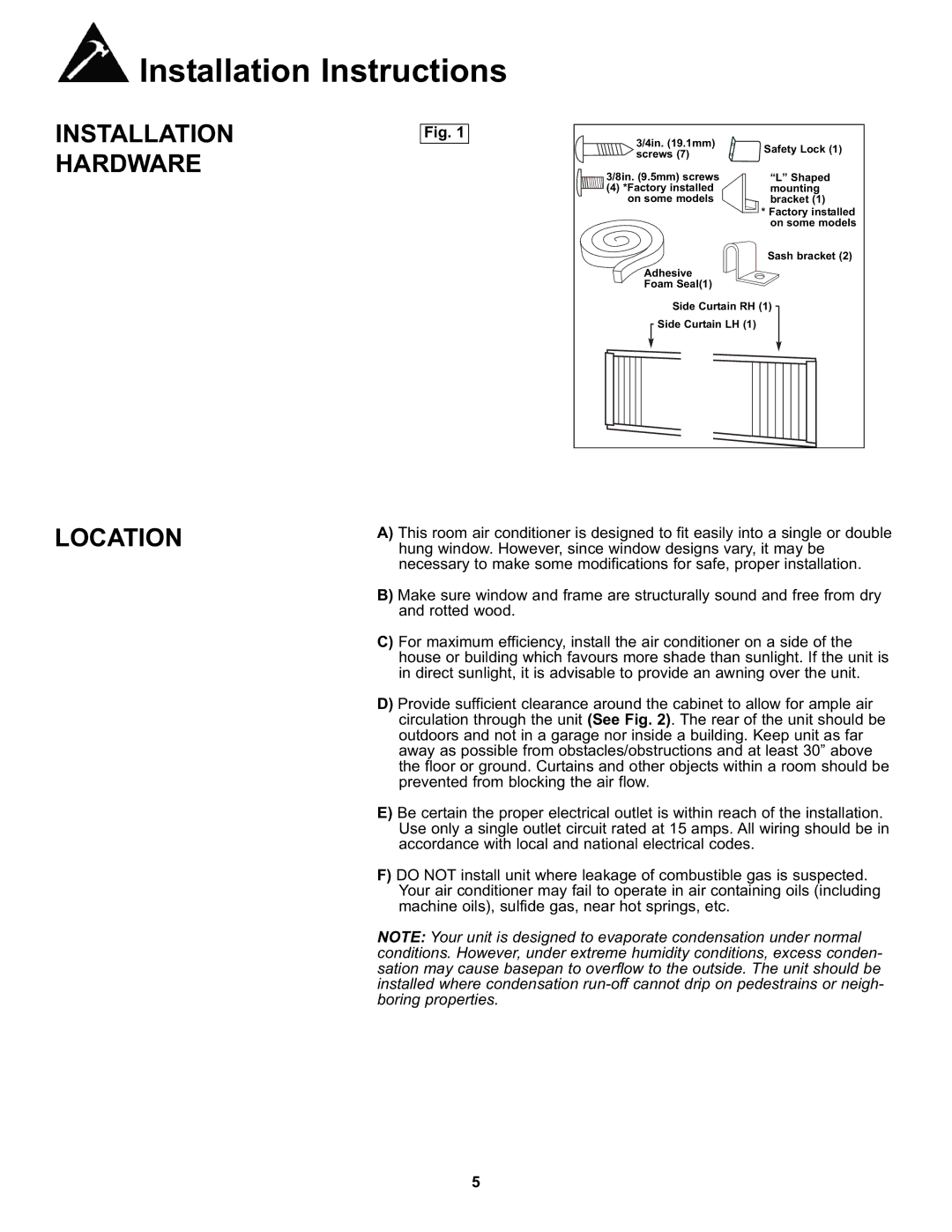 Danby DAC8010E, DAC8011E manual Installation Hardware, Location 