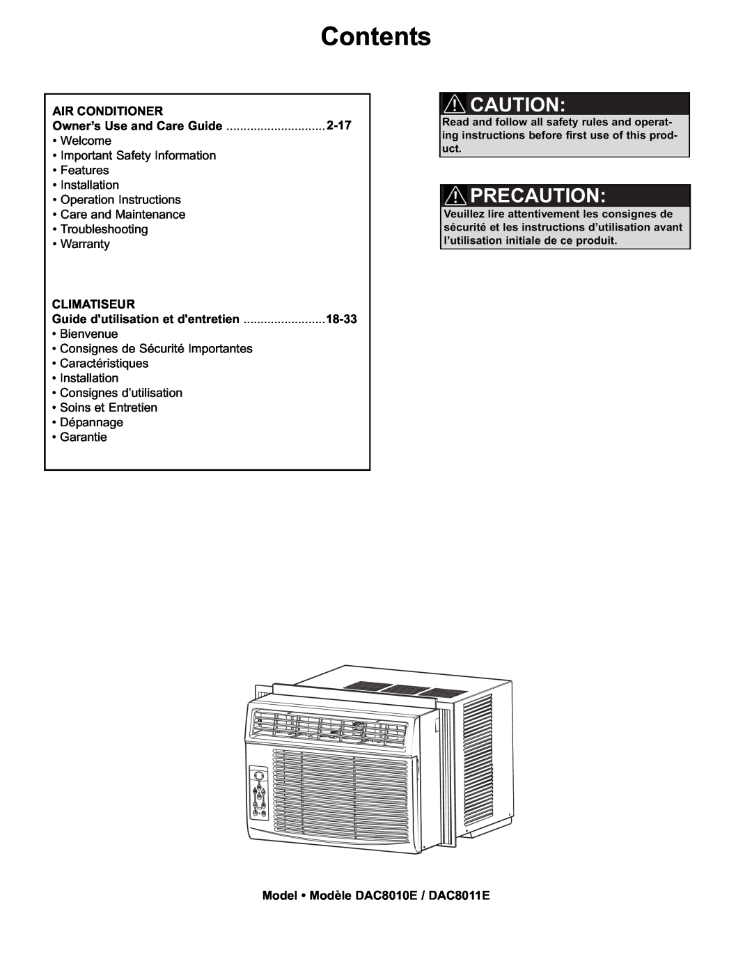 Danby manual Contents, Precaution, Air Conditioner, 2-17, Climatiseur, 18-33, Model Modèle DAC8010E / DAC8011E 