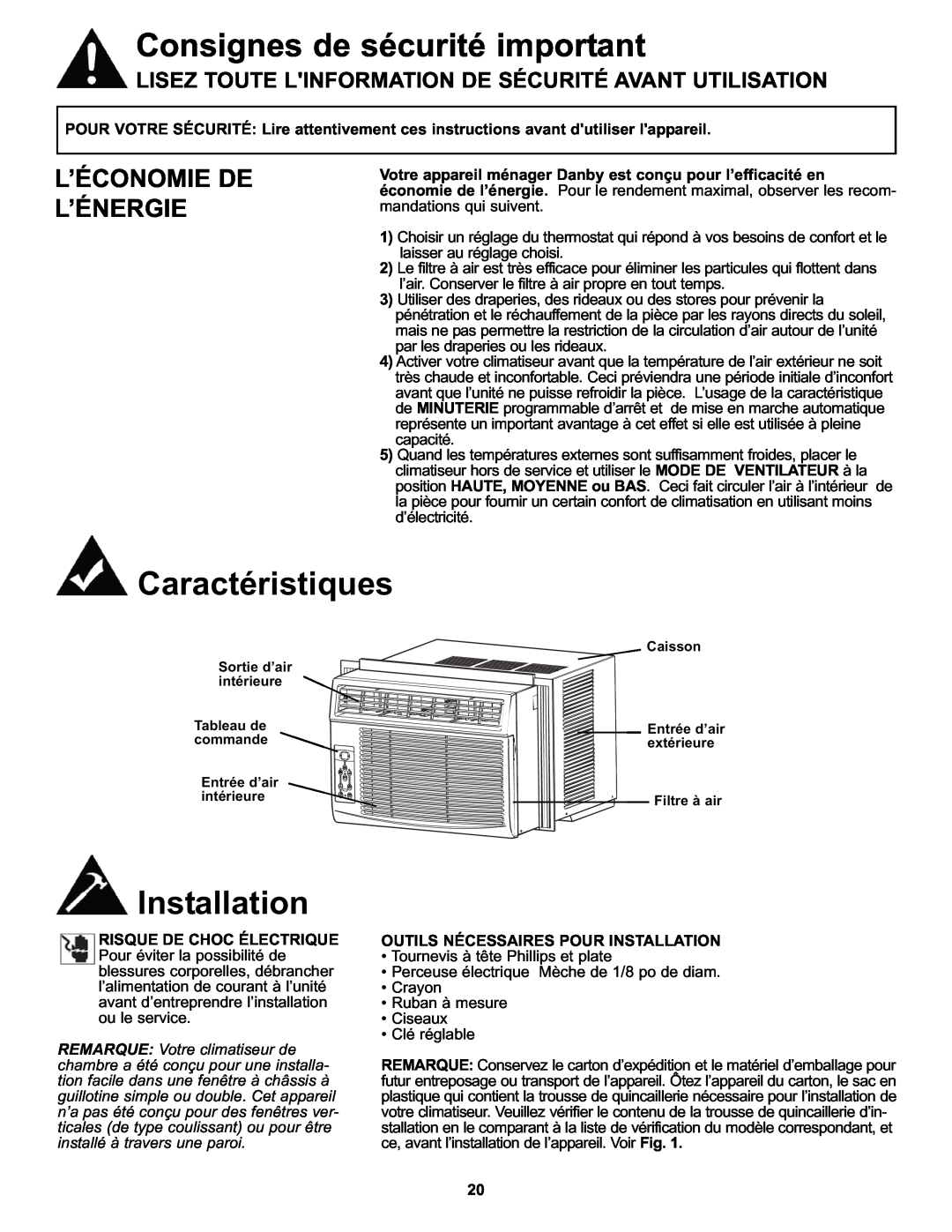 Danby DAC8011E, DAC8010E manual Caractéristiques, L’Économie De L’Énergie, Outils Nécessaires Pour Installation 