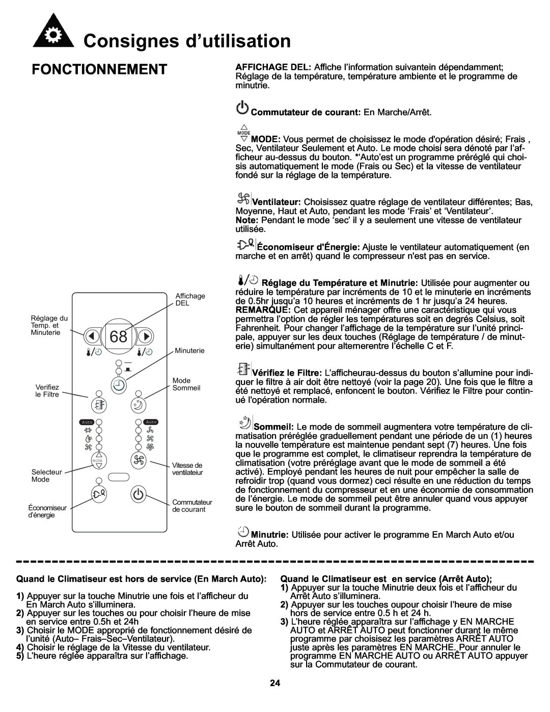Danby DAC8011E, DAC8010E manual Consignes d’utilisation, Fonctionnement, Commutateur de courant En Marche/Arrêt 