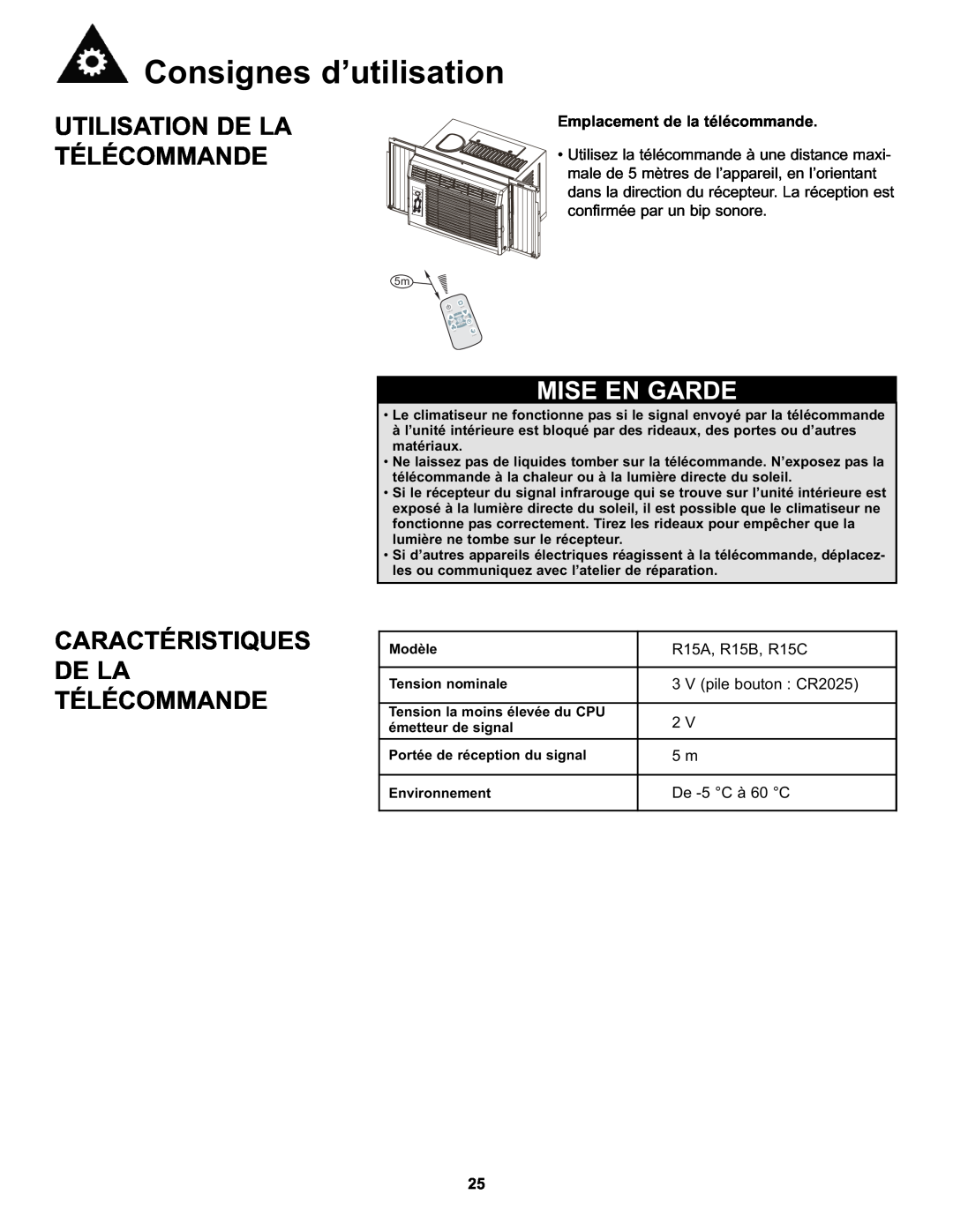 Danby DAC8010E manual Utilisation De La Télécommande, Caractéristiques De La Télécommande, Emplacement de la télécommande 