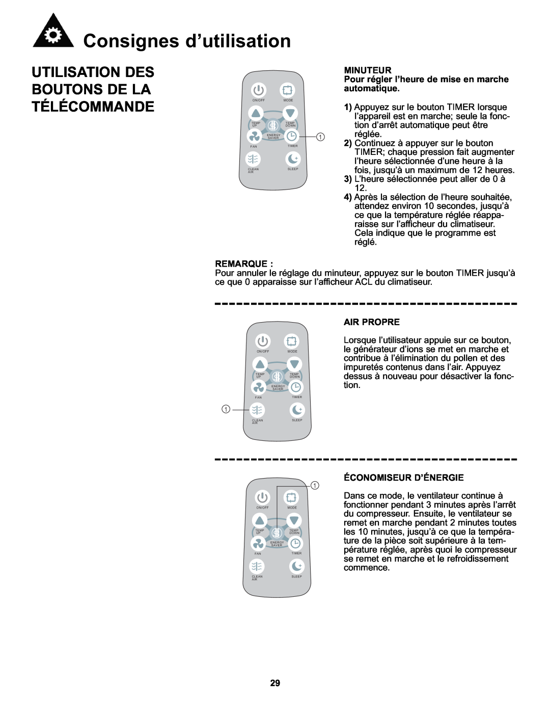 Danby DAC8010E manual Utilisation Des Boutons De La Télécommande, tion d’arrêt automatique peut être, réglée, Air Propre 