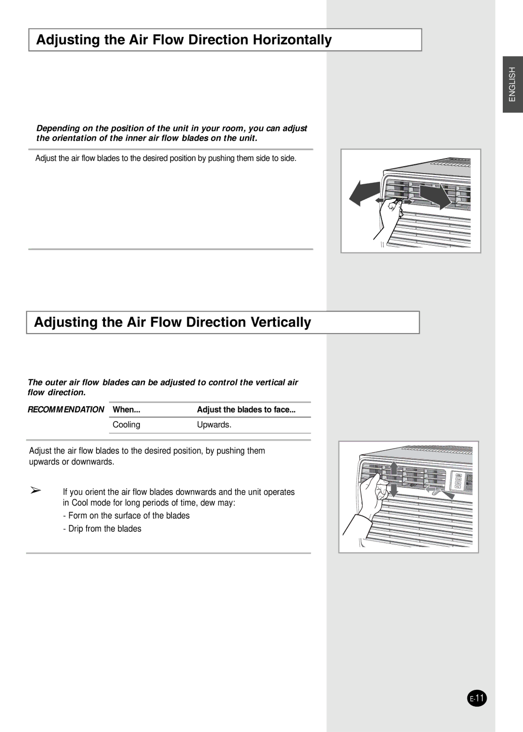 Danby DAC18030, DAC8404DE Adjusting the Air Flow Direction Horizontally, Adjusting the Air Flow Direction Vertically 