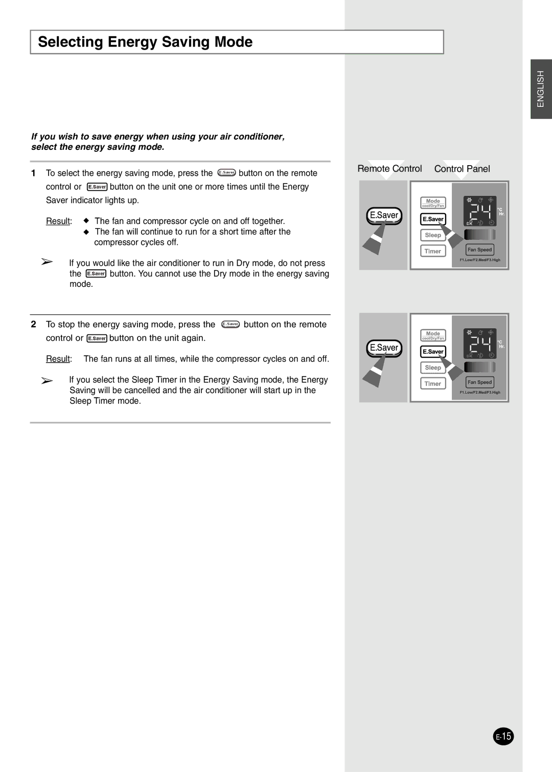 Danby DAC18030, DAC8404DE, DAC12344DE, DAC14004D manuel dutilisation Selecting Energy Saving Mode 