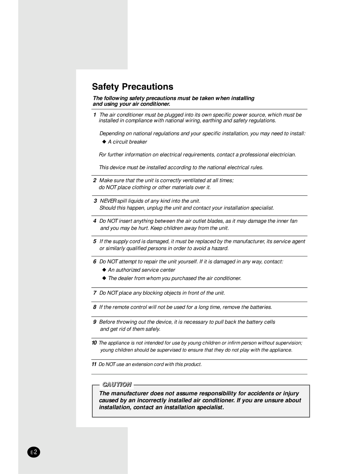 Danby DAC14004D, DAC8404DE, DAC12344DE, DAC18030 manuel dutilisation Safety Precautions 