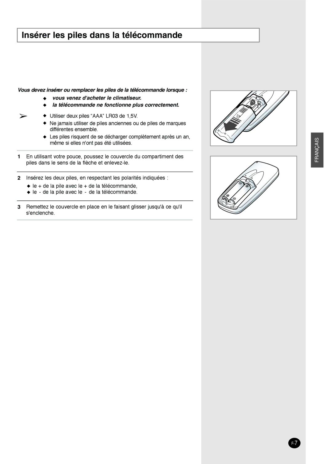 Danby DAC18030, DAC8404DE, DAC12344DE, DAC14004D manuel dutilisation Insé rer les piles dans la té lé commande 