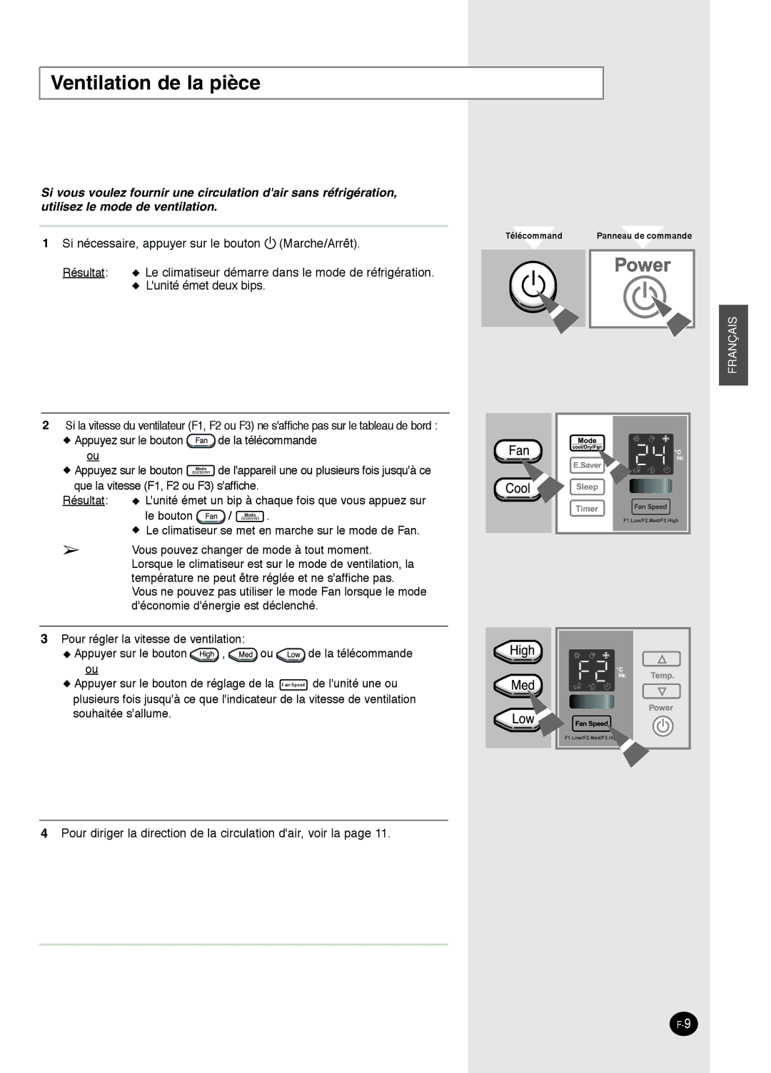 Danby DAC12344DE, DAC8404DE, DAC14004D, DAC18030 manuel dutilisation Ventilation de la piè ce, Français 