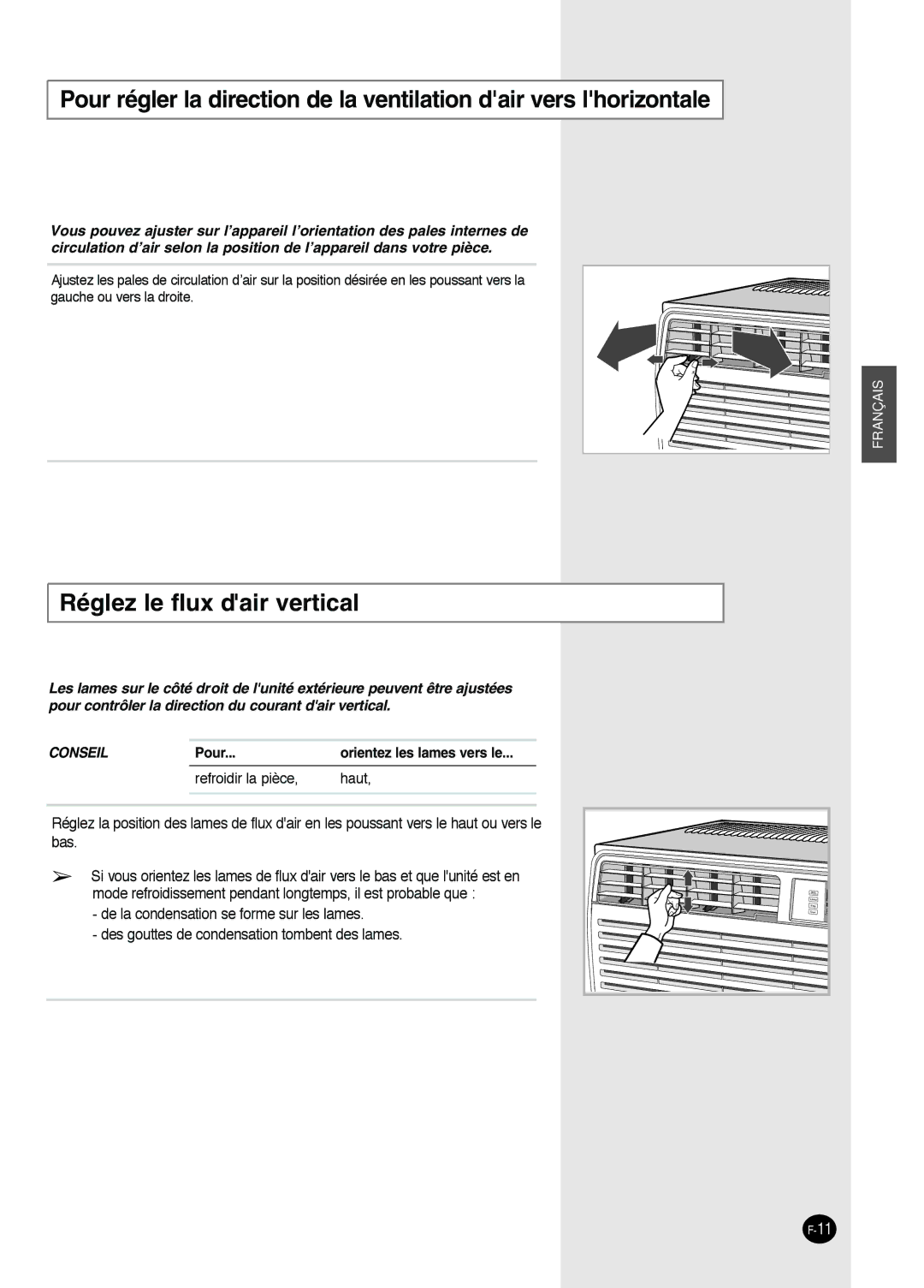 Danby DAC18030, DAC8404DE, DAC12344DE, DAC14004D manuel dutilisation Ré glez le flux dair vertical 