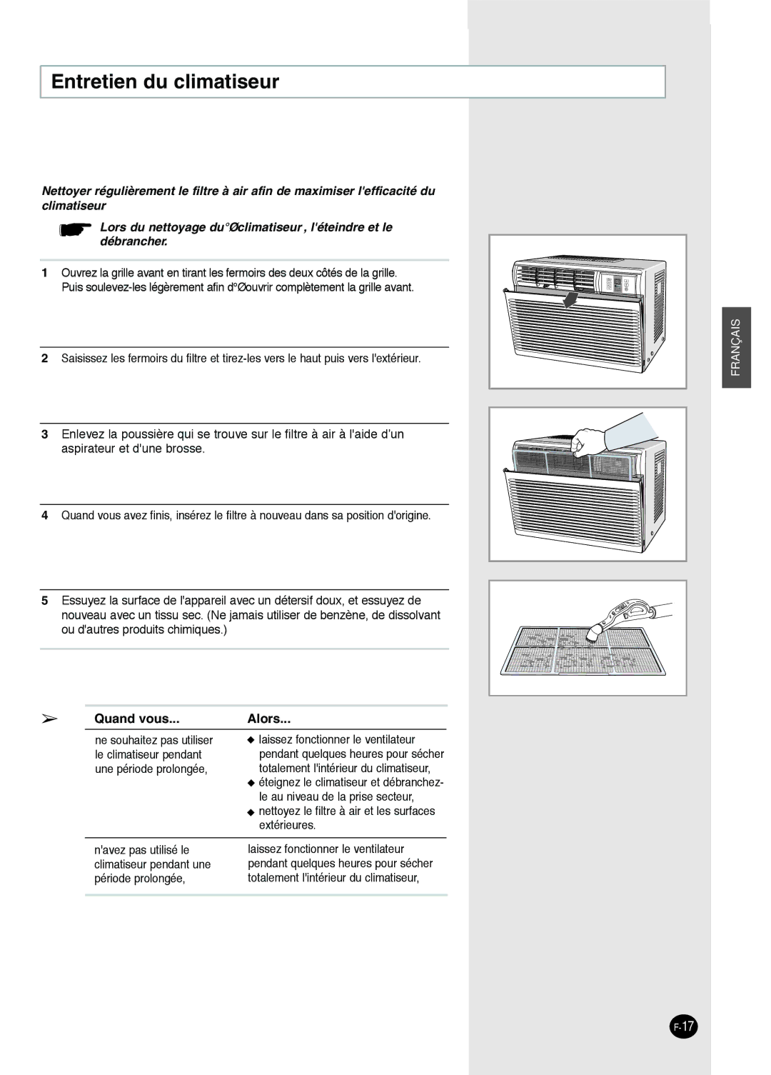 Danby DAC12344DE, DAC8404DE, DAC14004D, DAC18030 manuel dutilisation Entretien du climatiseur, Quand vous Alors 