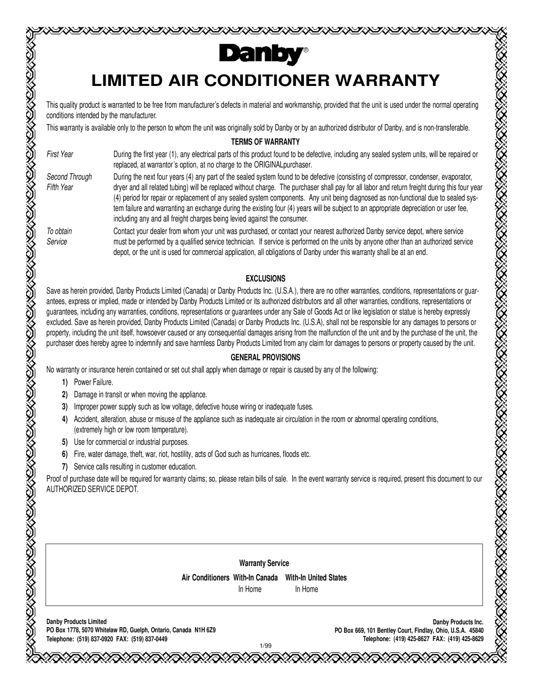 Danby DAC8404DE Limited Air Conditioner Warranty, Terms Of Warranty, Exclusions, General Provisions, Warranty Service 