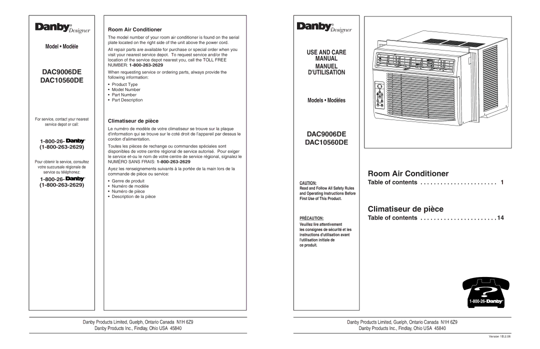 Danby DAC10560DE, DAC9006DE manuel dutilisation Room Air Conditioner, Climatiseur de pièce, Model Modèle, Models Modèles 