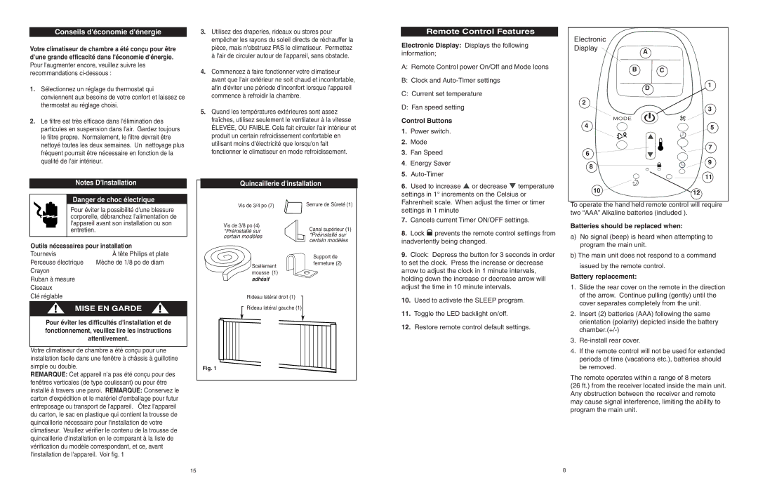 Danby DAC10560DE Remote Control Features, Conseils déconomie dénergie, Electronic Display, Quincaillerie dinstallation 